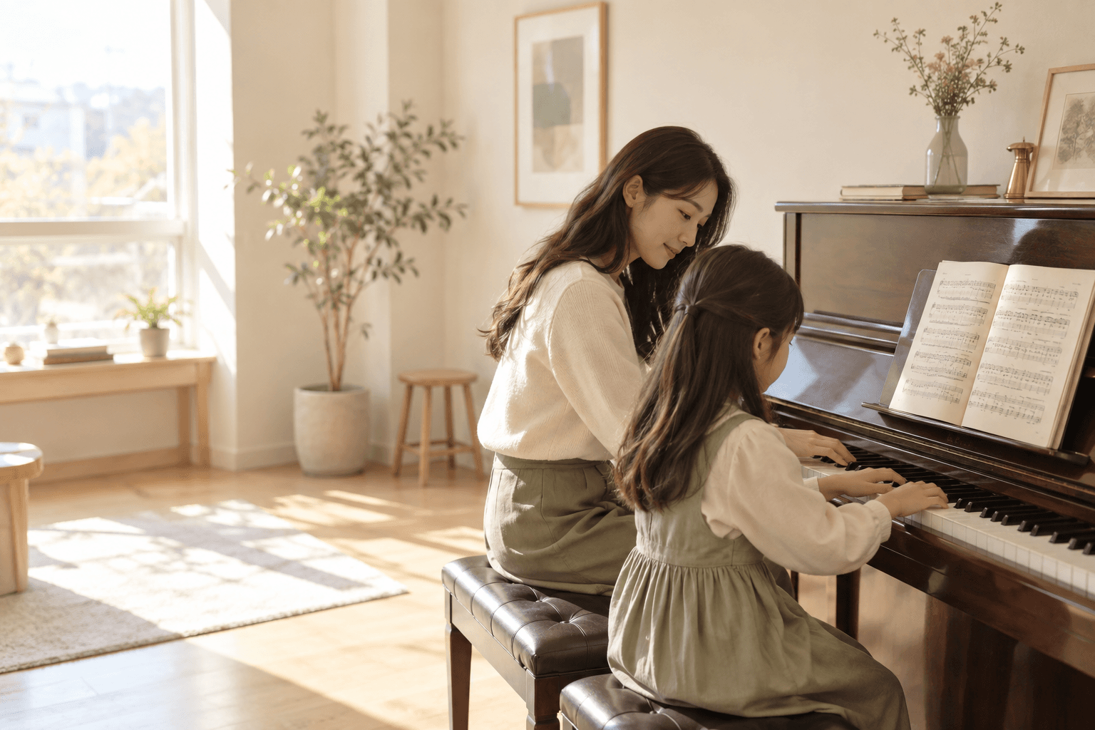 피아노 선생님과 학생이 함께 연습하는 모습 (연출 이미지)